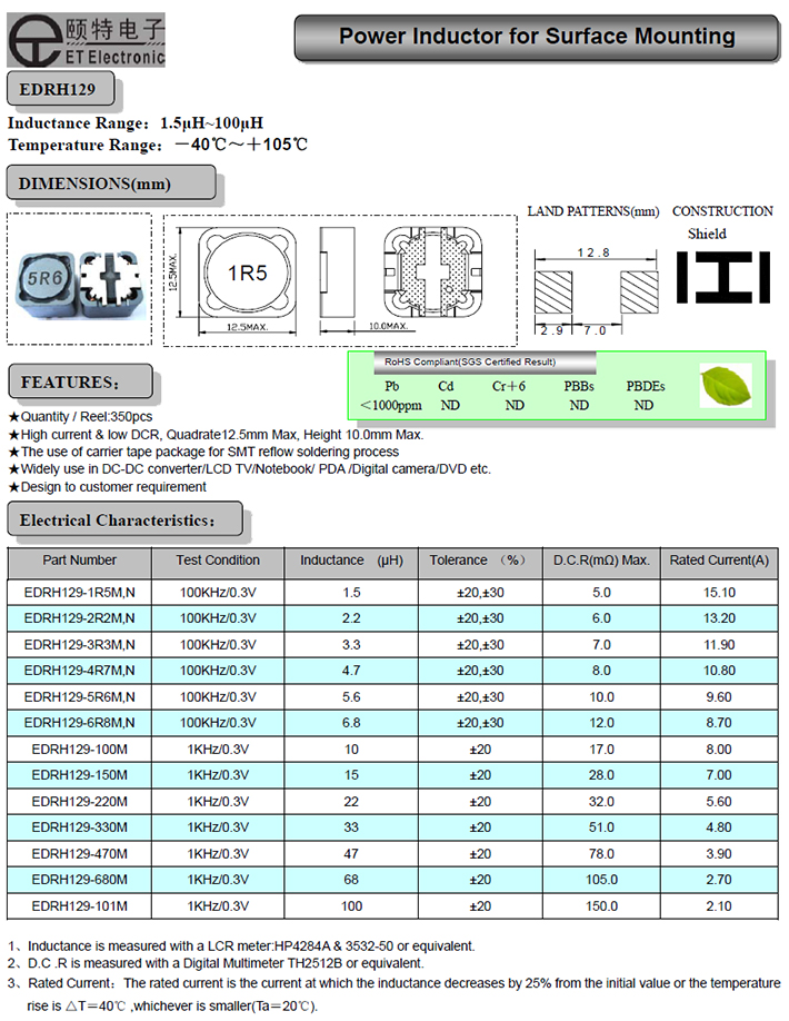 大焊盤(pán)大電流屏蔽繞線電感汽車(chē)導(dǎo)航專(zhuān)用電感EDRH129